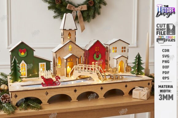 3d Christmas Village Night Light Stand Laser Cutting