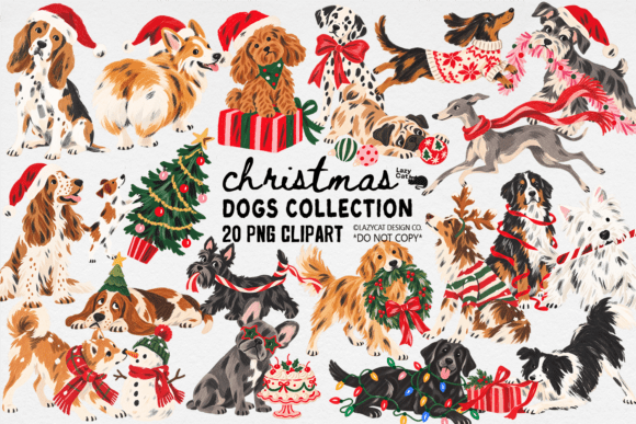 Christmas Dogs PNG Clipart Bundle Grafika Ilustracje do Druku Przez Lazy Cat