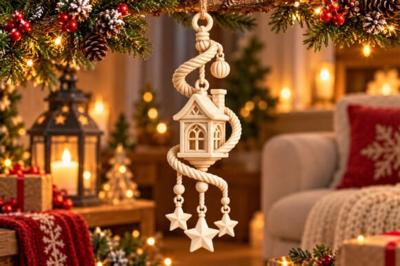 Christmas House Lantern Hanging Ornament 3D STL – Winter Cottage Print Model - Image 3