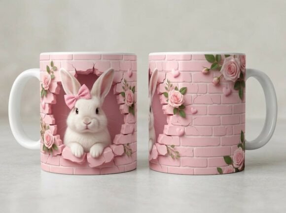 Cute Bunny Pink Floral Mug Design Graphics