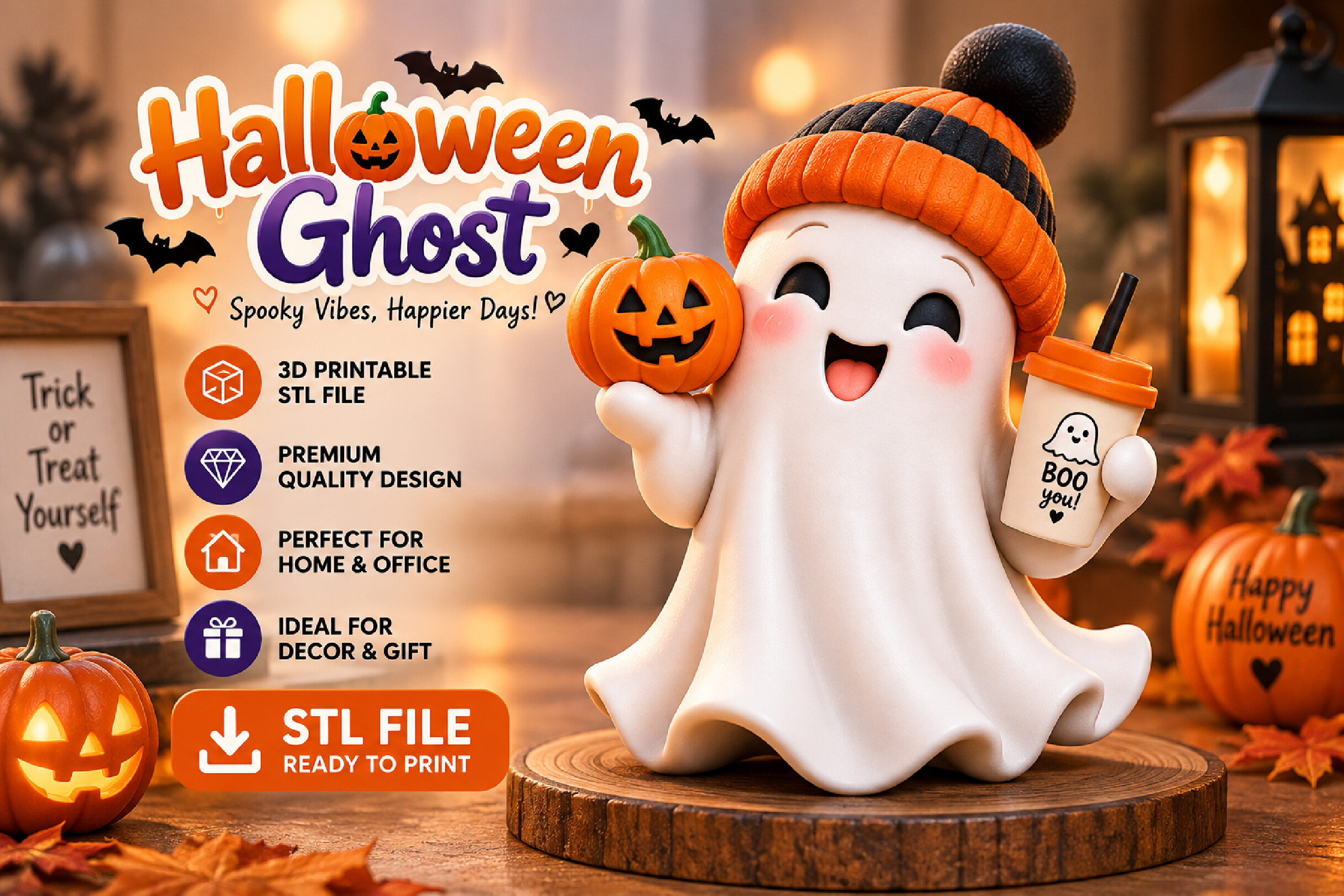 Cute Halloween Ghost 3D STL File  Printable Spooky Ghost Figurine - Image 2