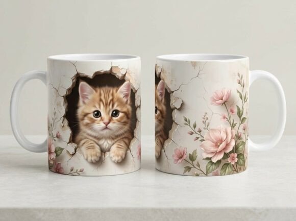 Cute Kitten Floral Mug Design Graphics
