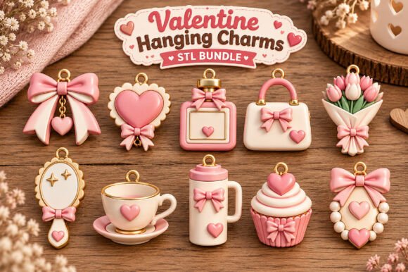 Valentine Hanging Charms STL Bundle – 10 Heart & Gift 3D Print Designs - Image 1