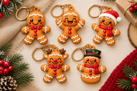 5 Gingerbread Keychains STL | Christmas 3D Print Files - Image 1