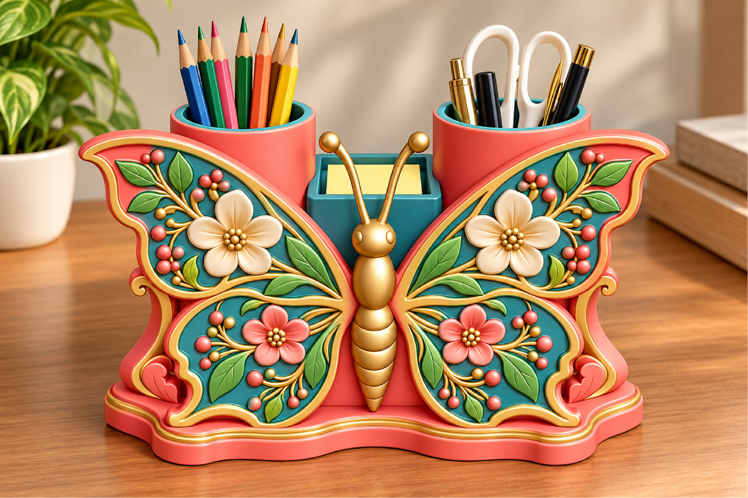 Butterfly Floral Desk Organizer 3D STL  Pen and Brush Holder Print File - Image 4