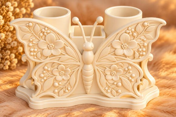 Butterfly Floral Desk Organizer 3D STL  Pen and Brush Holder Print File - Image 2