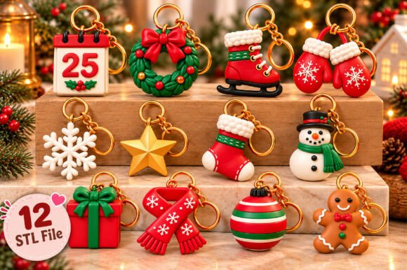 Christmas Keyring STL Bundle 12 Festive 3D Printable Keychain Designs - Image 1