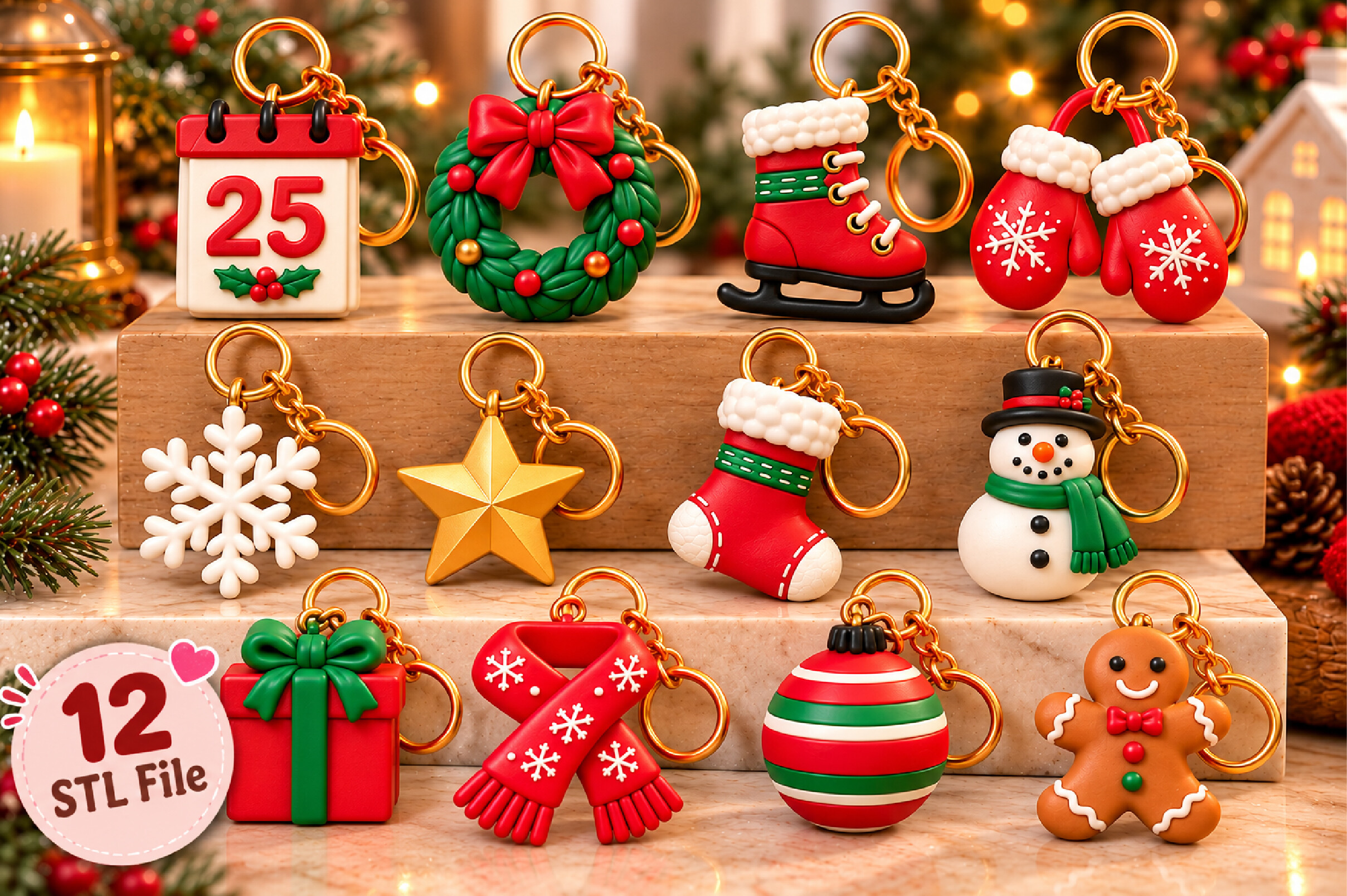 Christmas Keyring STL Bundle 12 Festive 3D Printable Keychain Designs - Image 5