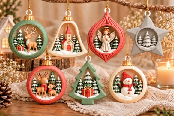 Christmas Ornament STL Bundle – 7 Holiday 3D Print Files (Reindeer, Snowman, Angel) - Image 2