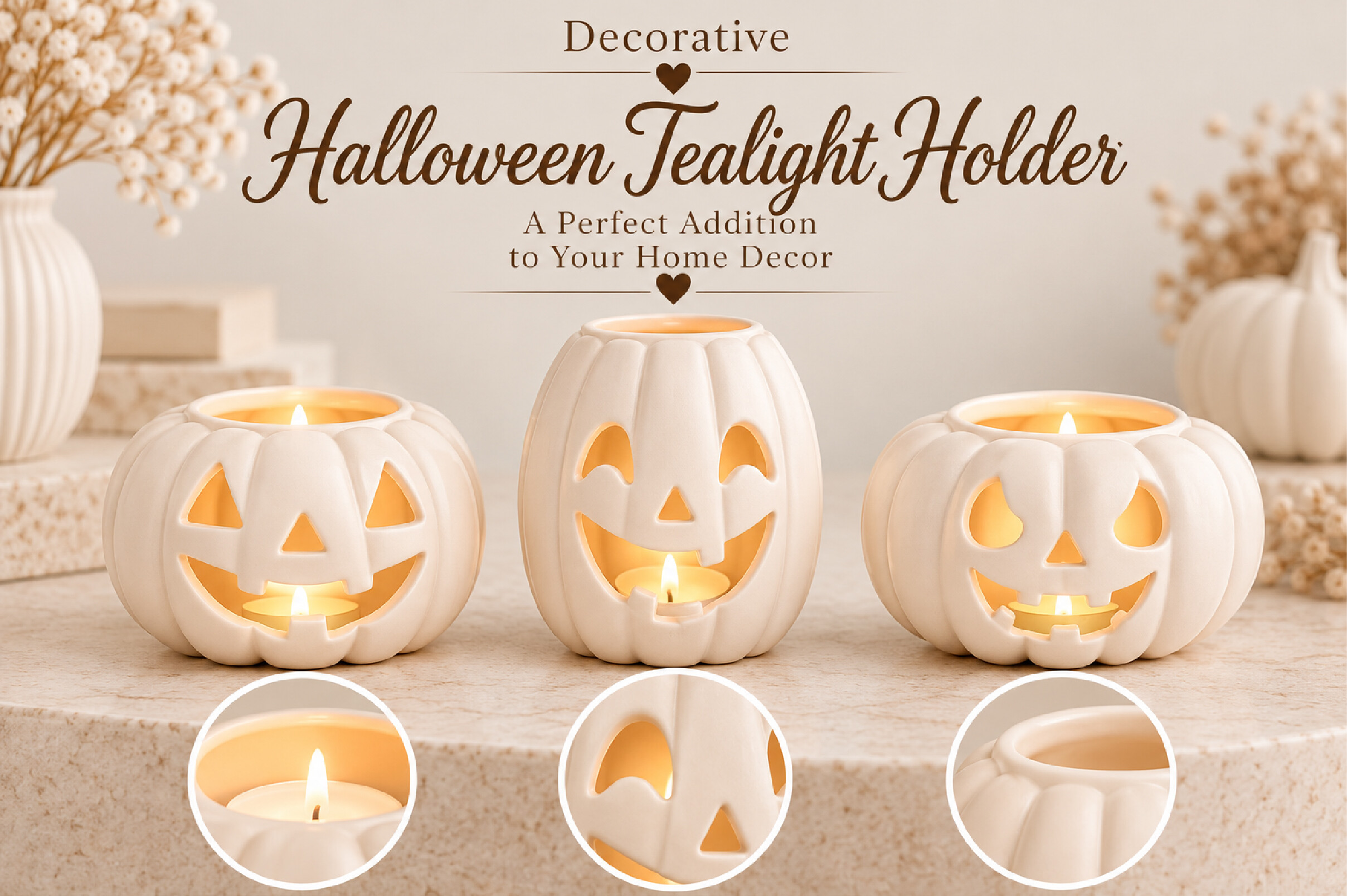 Halloween Pumpkin Tealight Holder STL – 3 Jack-o'-Lantern 3D Print Files - Image 4