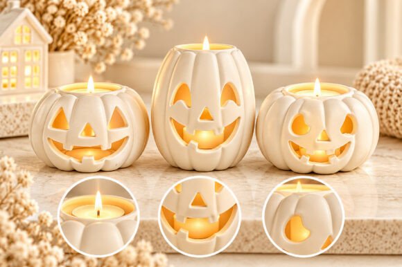 Halloween Pumpkin Tealight Holder STL – 3 Jack-o'-Lantern 3D Print Files - Image 2