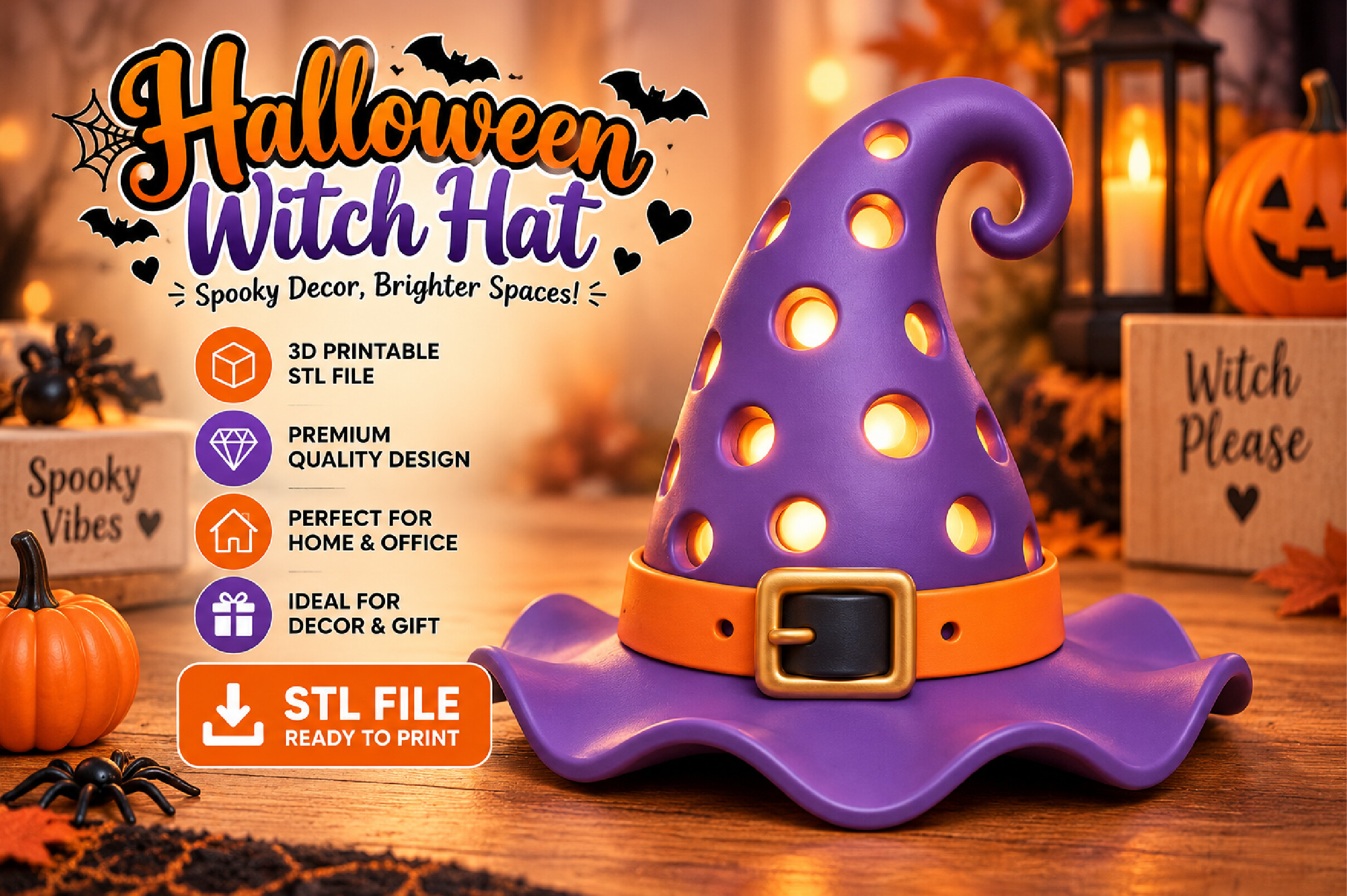 Halloween Witch Lamp Light 3D STL File - Spooky Witch Night Light for 3D Printing - Image 2