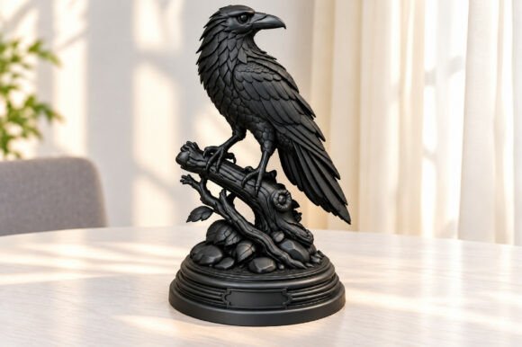 Raven Statue Decor STL 3D Print – Detailed Gothic Raven on Branch - Image 1