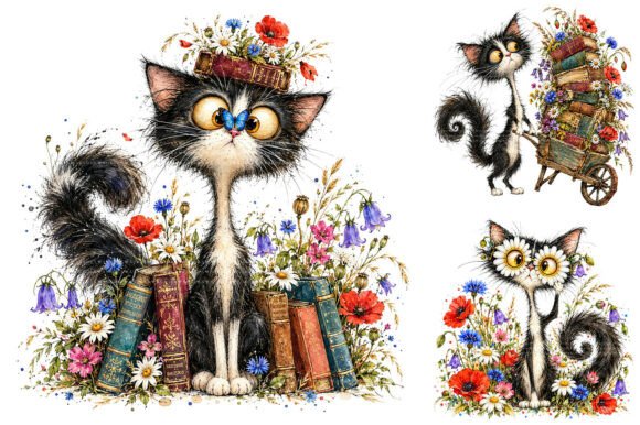 Whimsical Black Cat Clipart Bundle