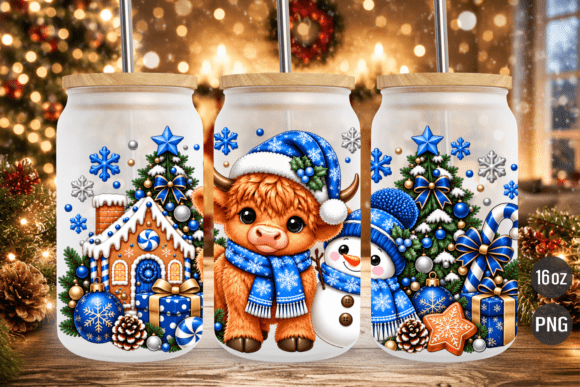 Blue Christmas Highland Cow Glass Wrap Graphic Tumbler Wraps By iStyleMagic