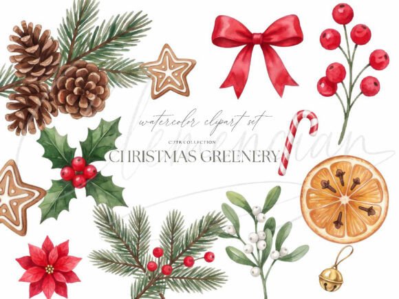 Christmas Greenery Watercolor Clipart