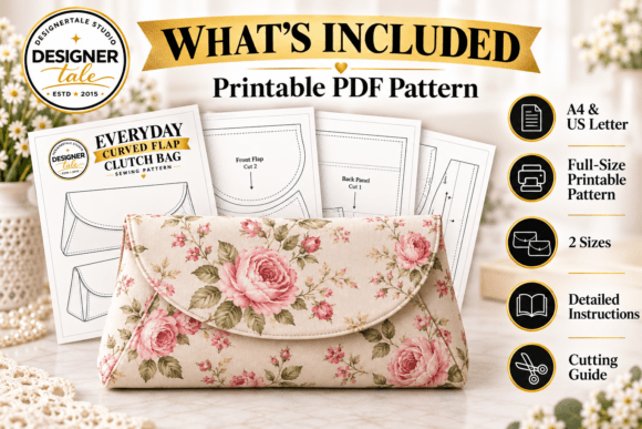 Curved flap clutch bag pattern in two sizes for making personalized fabric purses