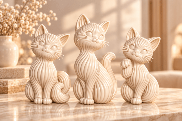 Cute Cat Trio Figurine 3D Print STL File - 3 Cats in One Model - Image 1