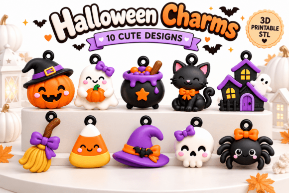 Cute Halloween Charms STL 3D Print Set – 10 Spooky-Cute Designs - Image 1