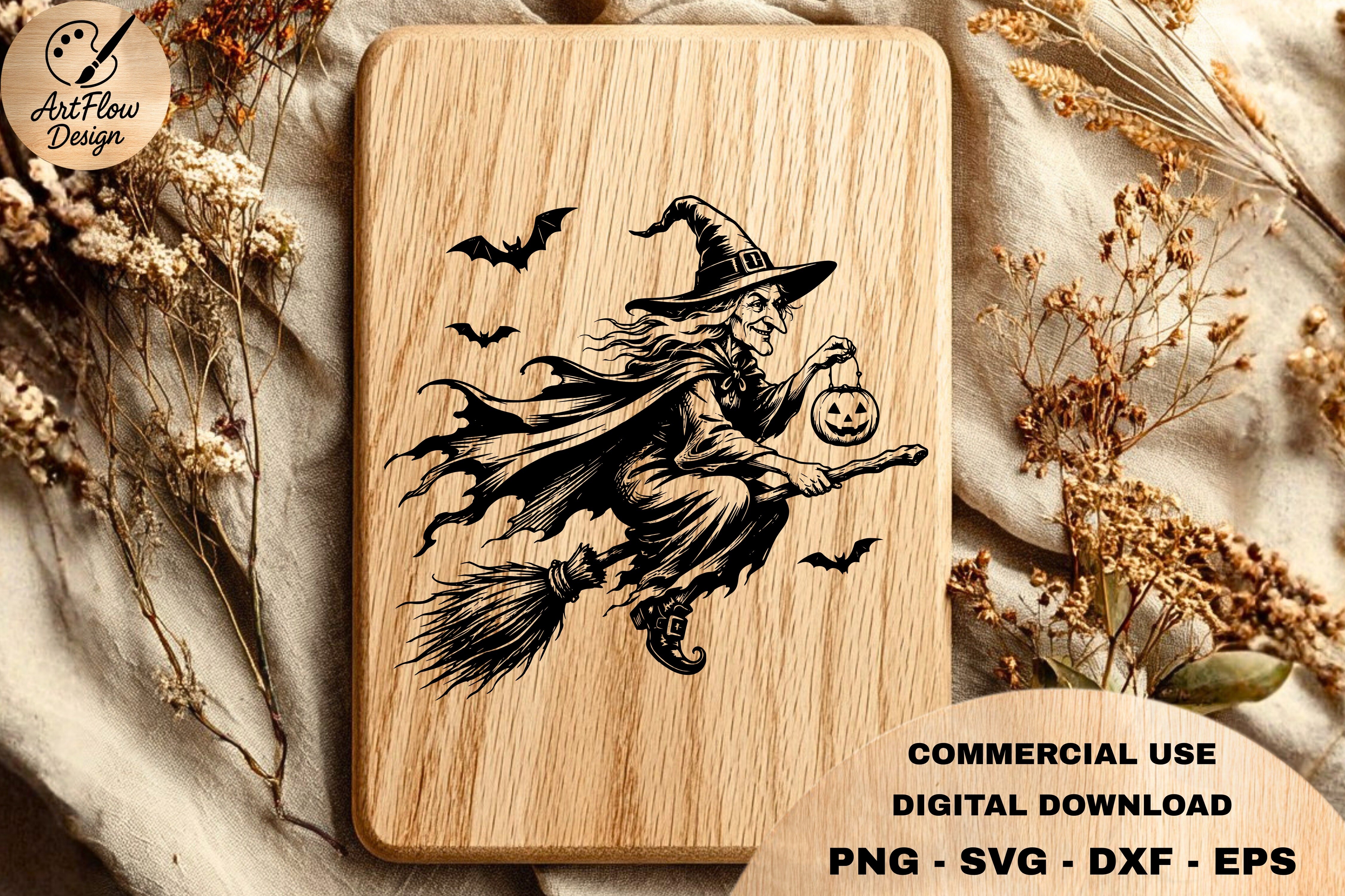 Flying witch Halloween SVG for laser engraving