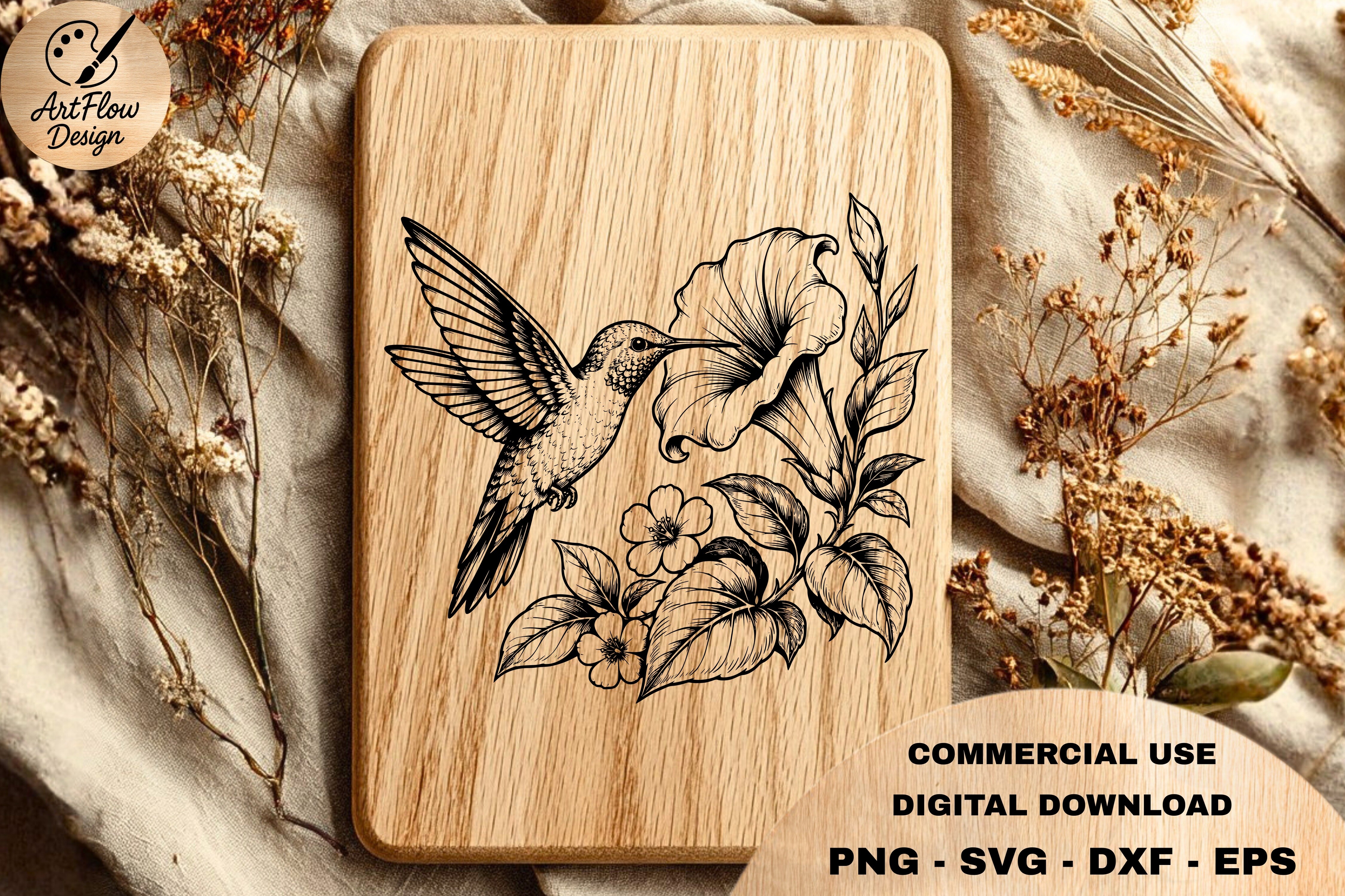 Hummingbird and flower SVG for laser engraving