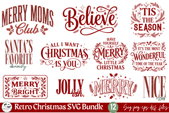 Retro Christmas Quote SVG PNG Bundle (12 × 3 Colors)