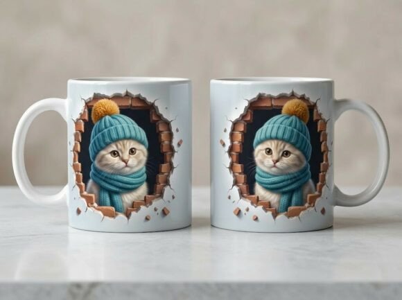 Cute Winter Cat 3d Mug Design Graphics