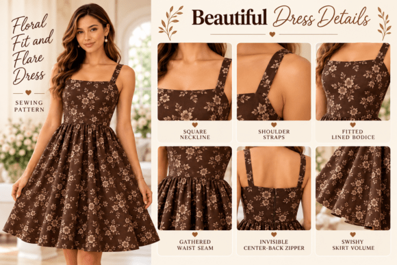 DIY fit and flare dress sewing pattern inspiration with feminine floral styling