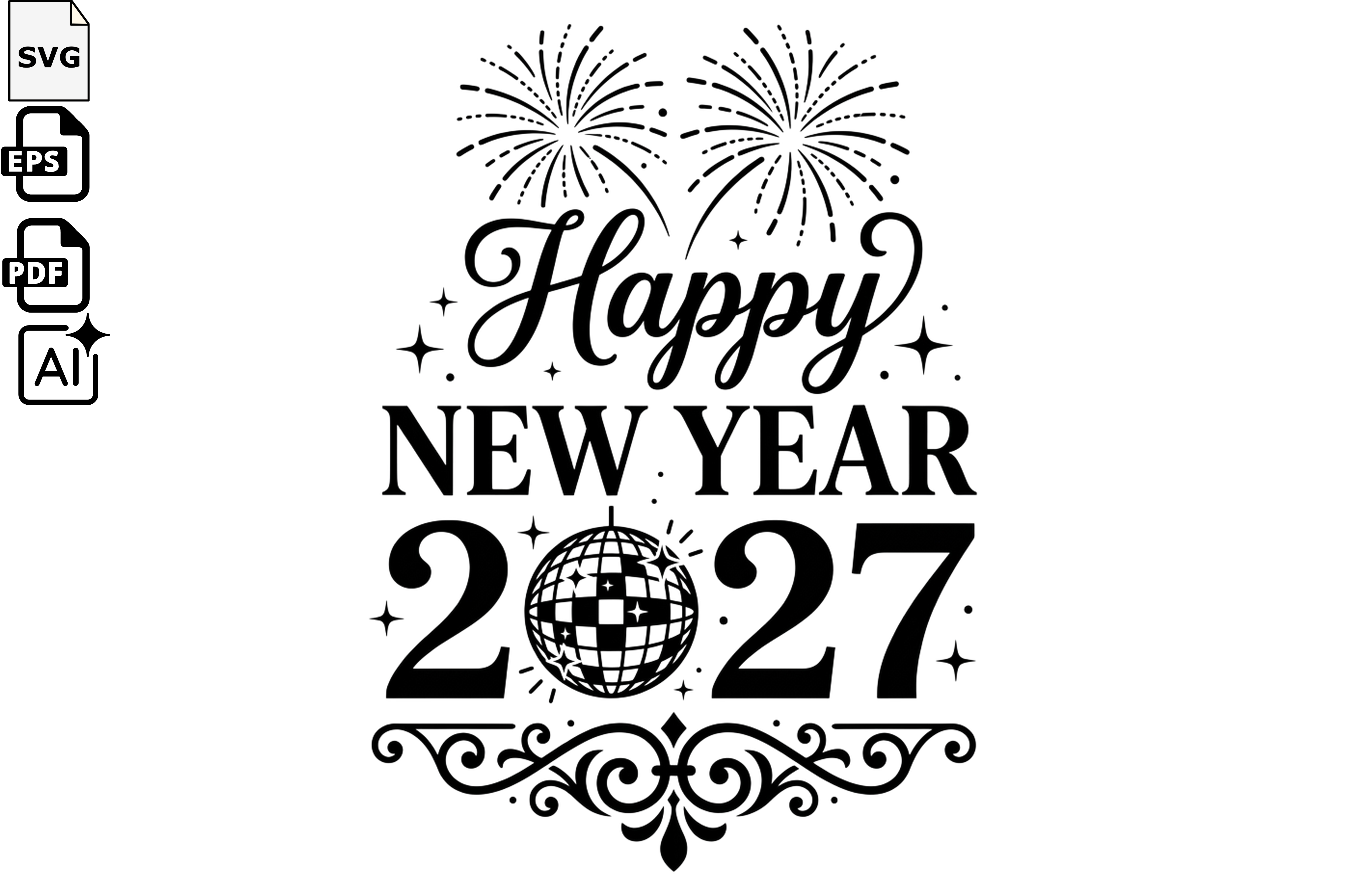 Happy New Year 2027 disco ball SVG