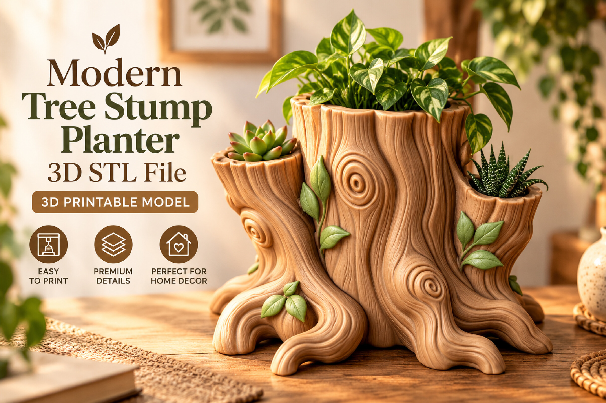 Modern Tree Stump Planter 3D STL File – Woodland Succulent Pot - Image 5