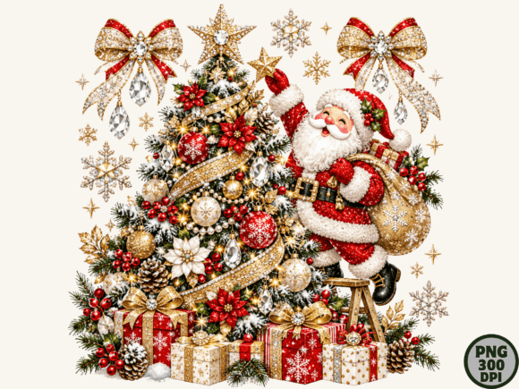 Santa Decorating Christmas Tree Png Graphics