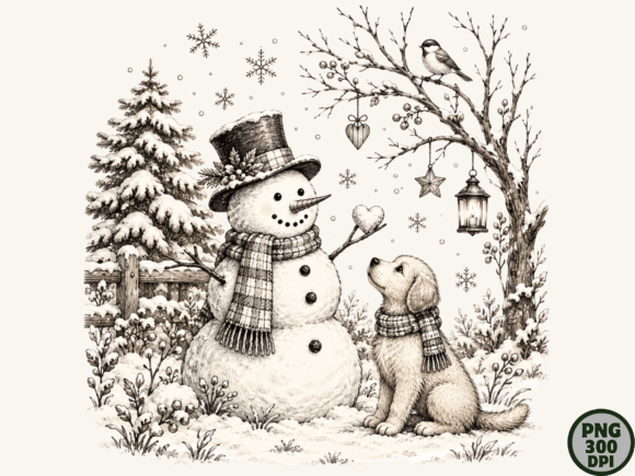 Vintage Snowman Dog Winter Scene PNG