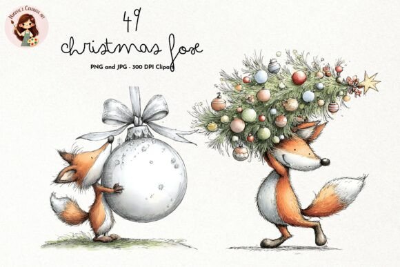 Whimsical Christmas Fox Watercolor PNG