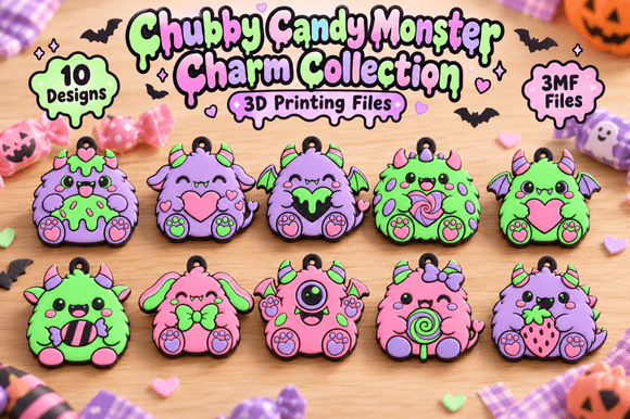 Chubby Candy Monster Charms – 10 Kawaii 3MF Files for 3D Printing - Image 1