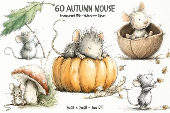 Cute Autumn Mice PNG Clipart Gráfico Ilustraciones Imprimibles Por ArtFlowCODesign