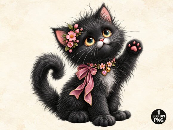 Cute Black Kitten Cherry Blossom PNG Graphic Illustrations By Graphic Divine
