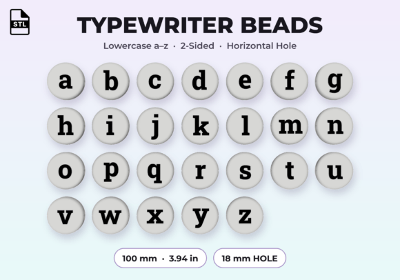Giant Lowercase Typewriter Beads STL - Full a-z Alphabet, Two-Sided 3D Print Files - Image 1