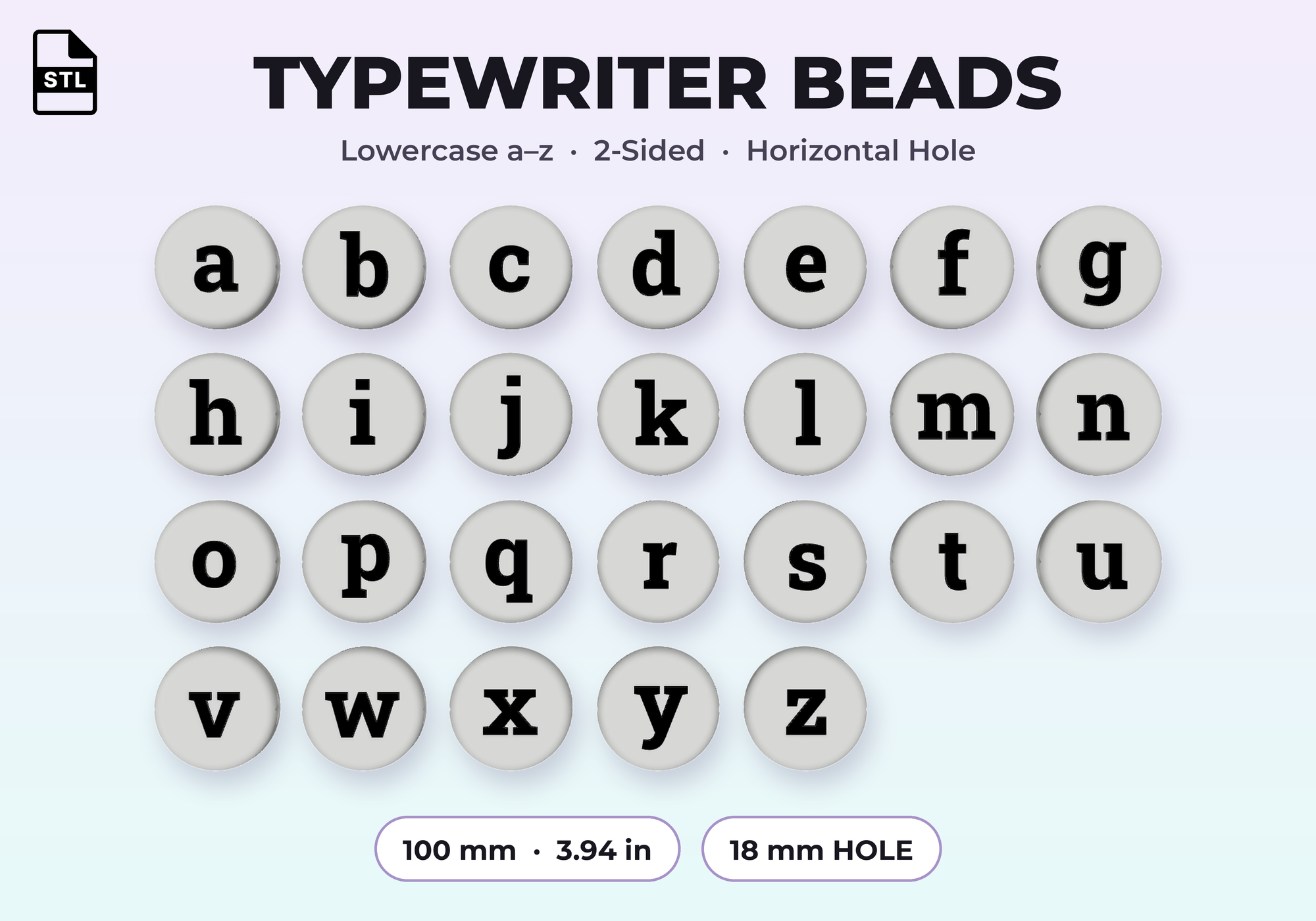 Giant Lowercase Typewriter Beads STL - Full a-z Alphabet, Two-Sided 3D Print Files - Image 5