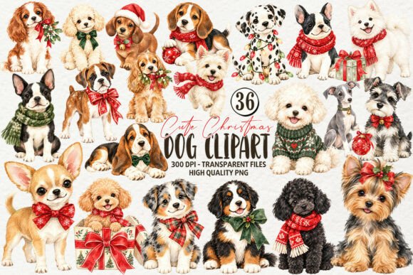 36 Christmas Dog Breed Clipart Graphic Illustrations By Cat Lady