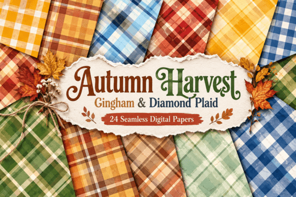 Autumn Harvest Gingham & Diamond Plaid Graphic Patterns By Vintage