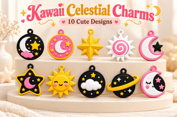 Celestial Charm STL | 10 Cute Moon, Star & Sun Keychain Designs - Image 1