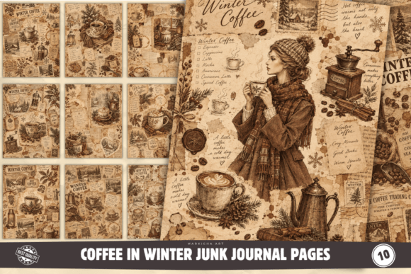 Coffee in Winter Junk Journal Pages Graphic Crafts By Markicha Art