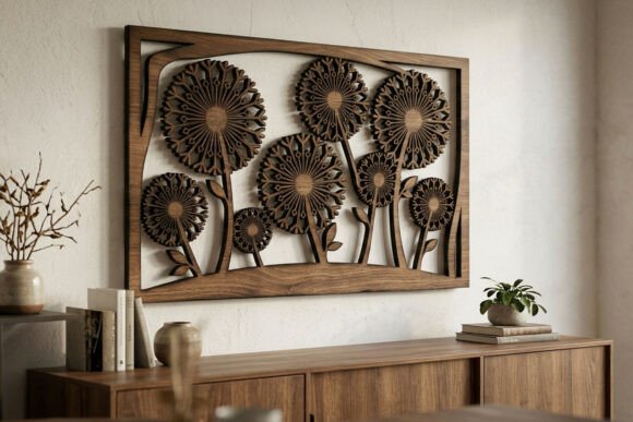 Dandelion Floral Wall Art Design Cięcie Laserowe Przez T-Shirt Pond