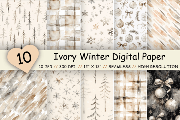 Ivory Winter Digital Paper Pack, Seamles Graphic Patterns By Florid Printables