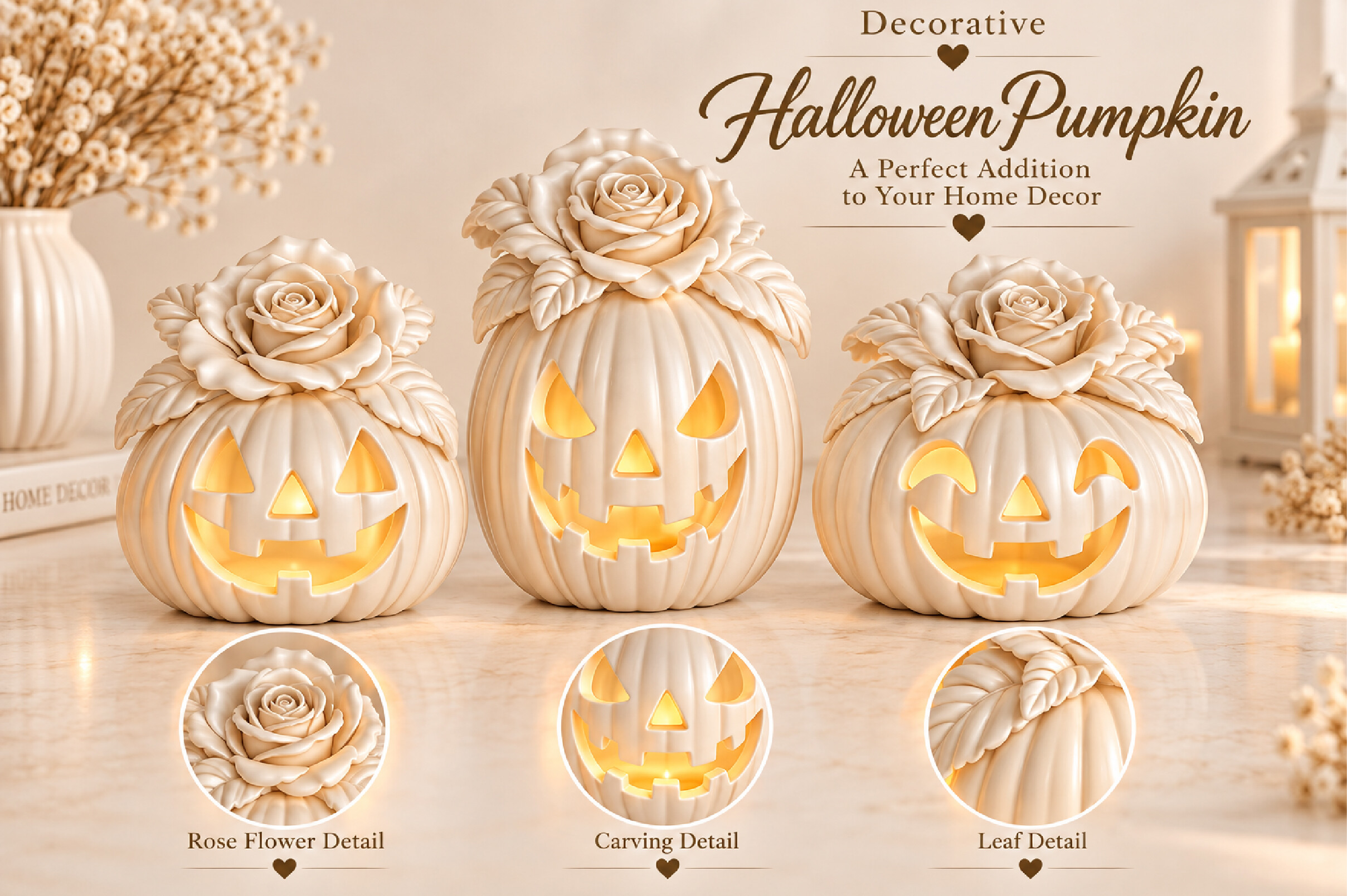 Pumpkin Rose STL | 3 Halloween Jack-o'-Lantern Rose 3D Print Files - Image 4