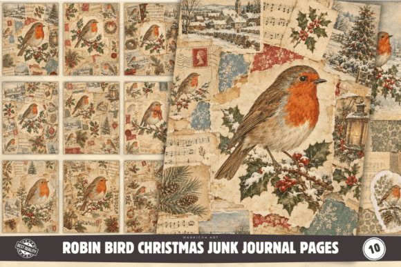 Robin Bird Christmas Junk Journal Pages Graphic Crafts By Markicha Art