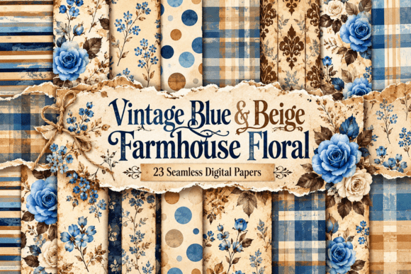 Vintage Blue & Beige Farmhouse Floral Graphic Patterns By Designstock