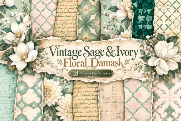 Vintage Sage & Ivory Floral Damask Graphic Patterns By Designstock