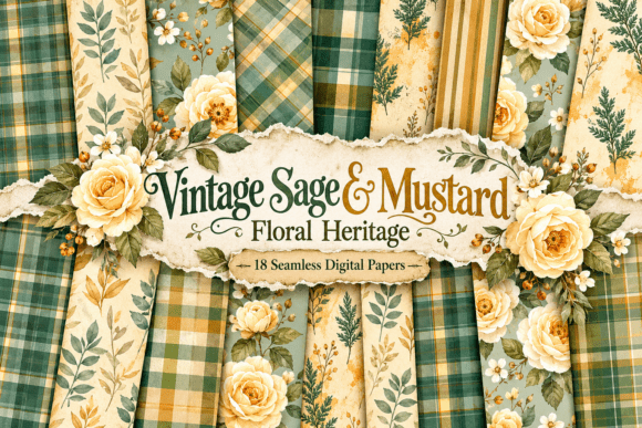 Vintage Sage & Mustard Floral Heritage Afbeelding Papieren Patronen Door Designstock