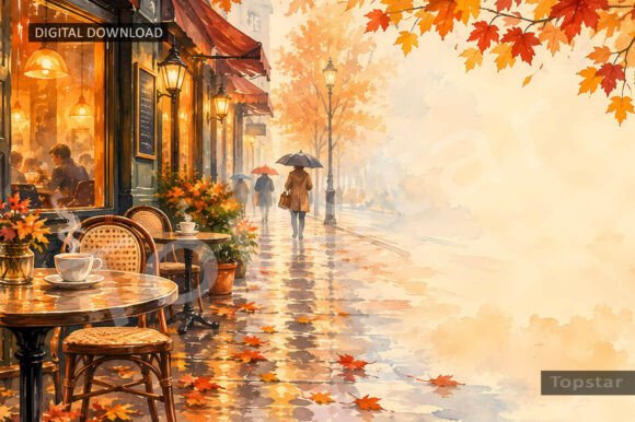Autumn Cafe Background Rainy Fall Scene Gráfico Planos de Fundo Por Topstar